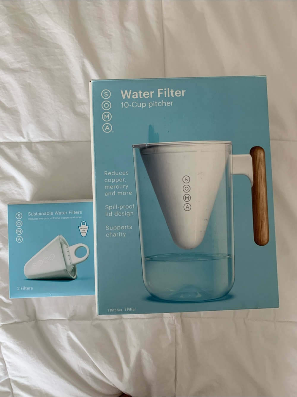 New, Soma Clear Water Filter Pitcher with Wood-Tone Handle & extra two filters